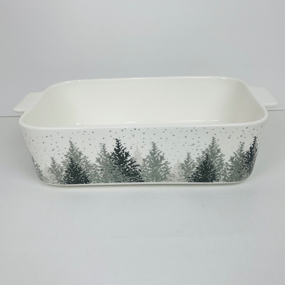 Grace Pantry Baking Dish Porcelain White Gray Forest Trees Winter Holiday Exc
